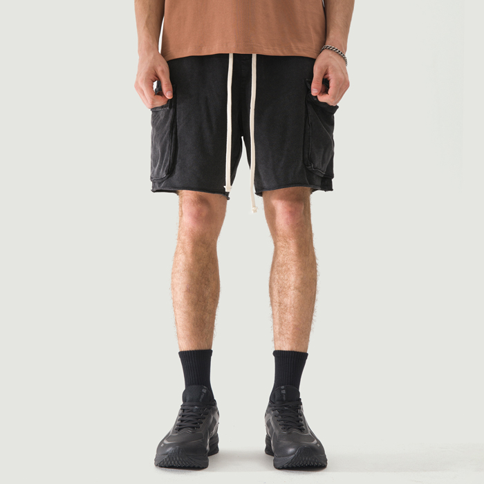 320GSM Unisex Snow Wash Raw Hem Cargo Shorts