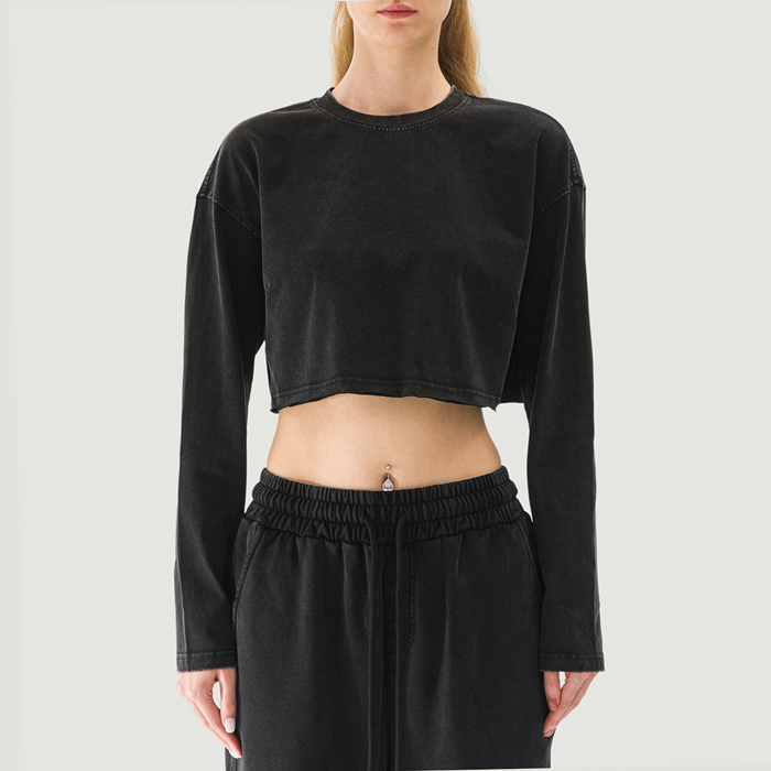 260GSM Women's Raw Hem Long Sleeve Crop Top