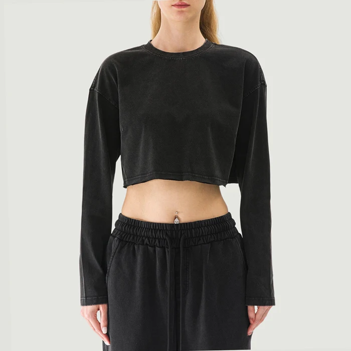 260GSM Women's Raw Hem Long Sleeve Crop Top