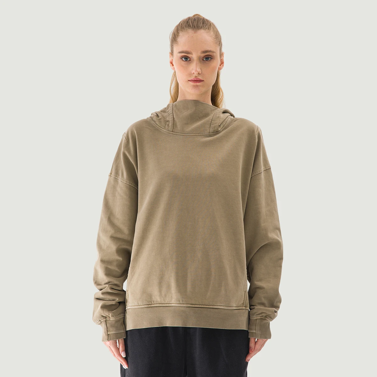 380GSM Unisex Washed Slit Hem Turtleneck Hoodie - main image