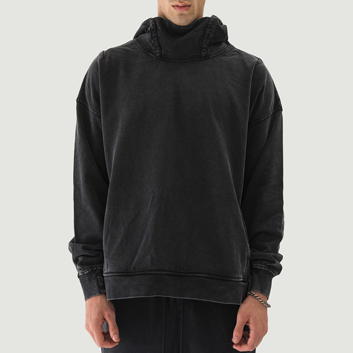 380GSM Unisex Washed Slit Hem Turtleneck Hoodie