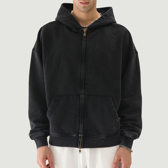 440GSM Unisex Snow Wash Full-zip Hoodie