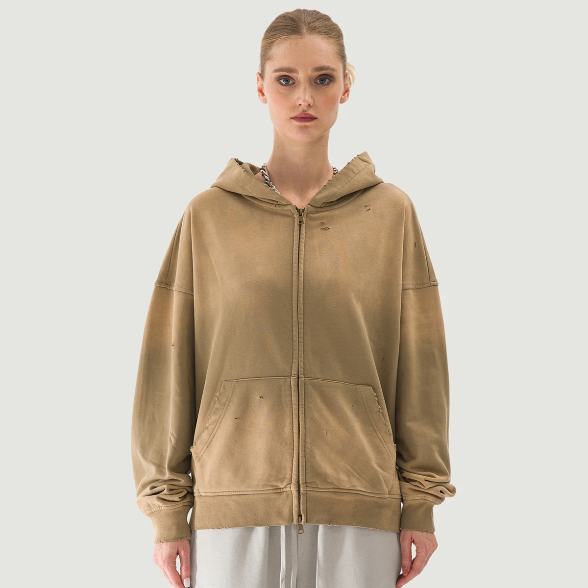 440GSM Unisex Sun Faded Distressed Full-zip Hoodie - main image