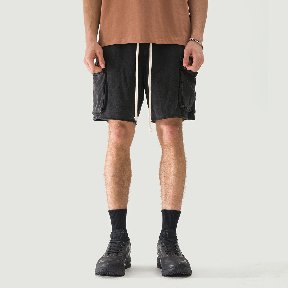 320GSM Unisex Snow Wash Raw Hem Cargo Shorts - main image