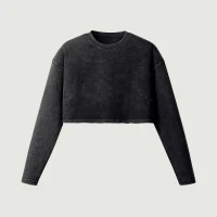 260GSM Women's Raw Hem Long Sleeve Crop Top - thumbnail image 1