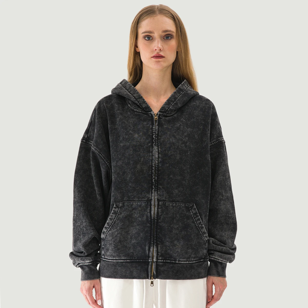 440GSM Unisex Vintage Snow Wash Full-zip Hoodie - main image