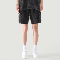 320GSM Unisex Snow Wash Raw Hem Cargo Shorts - thumbnail image 1