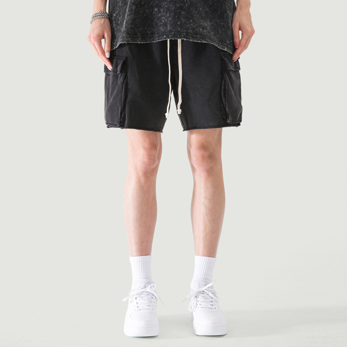 320GSM Unisex Snow Wash Raw Hem Cargo Shorts