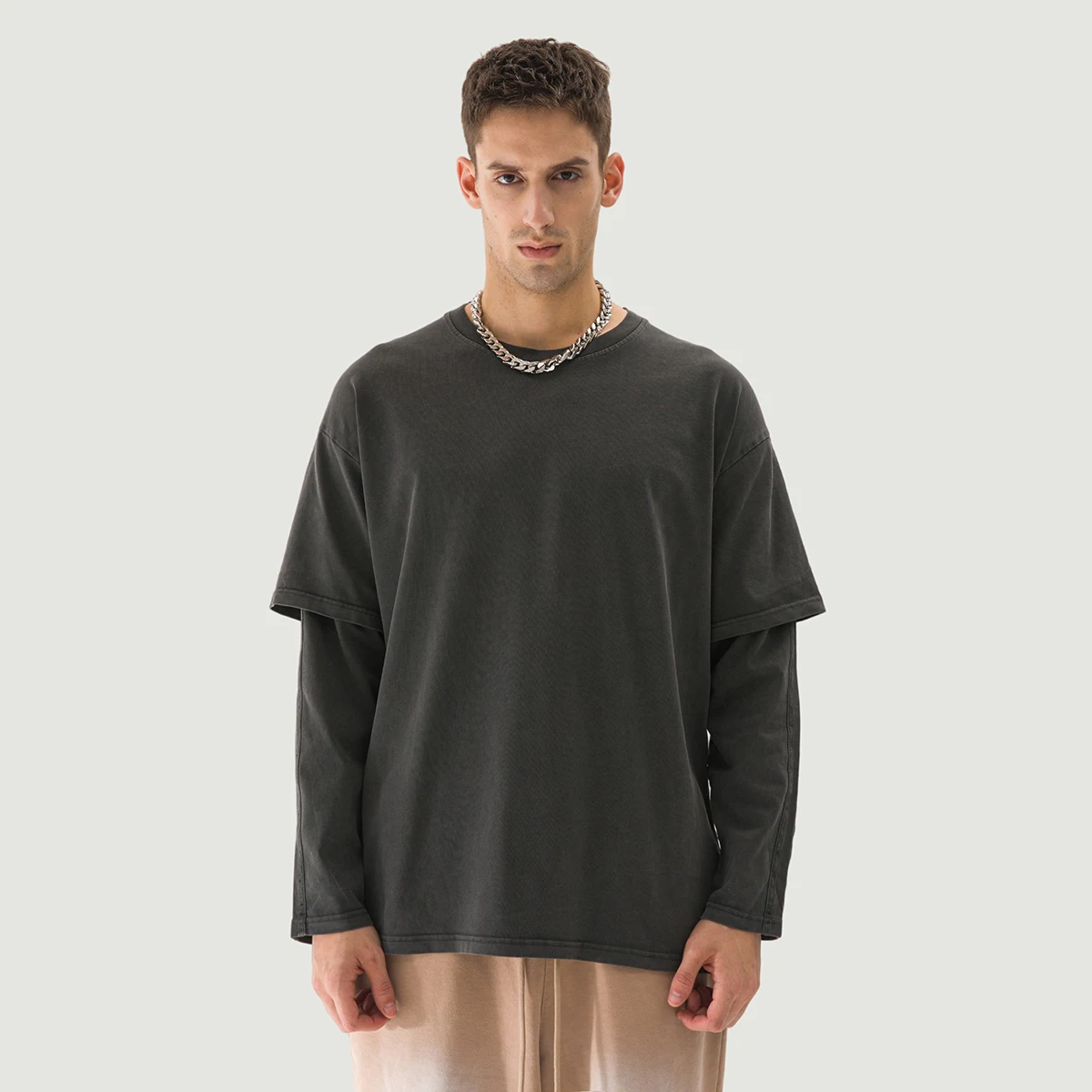 230GSM Unisex Faux-layered Faded Long Sleeve - main image