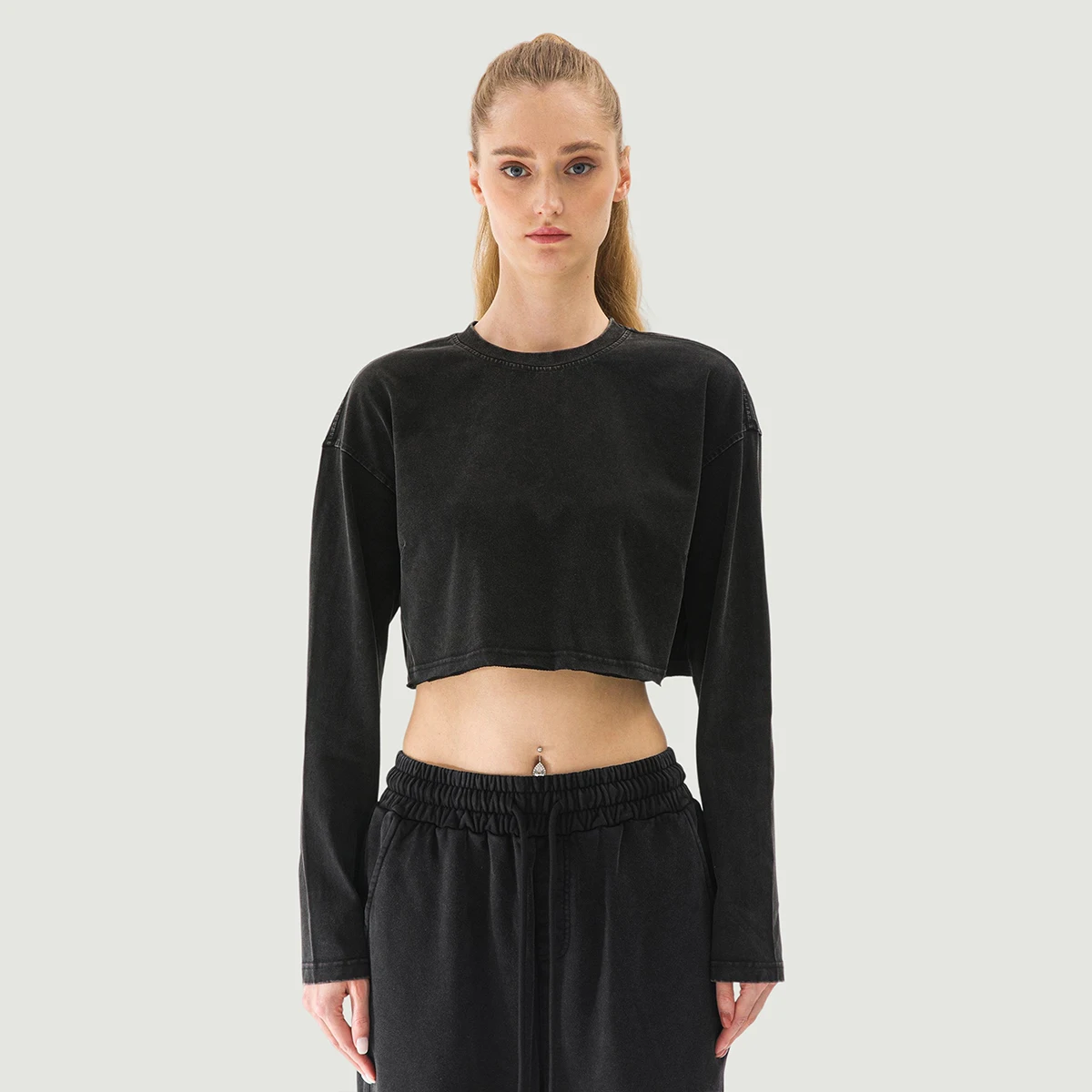 260GSM Women's Raw Hem Long Sleeve Crop Top - main image