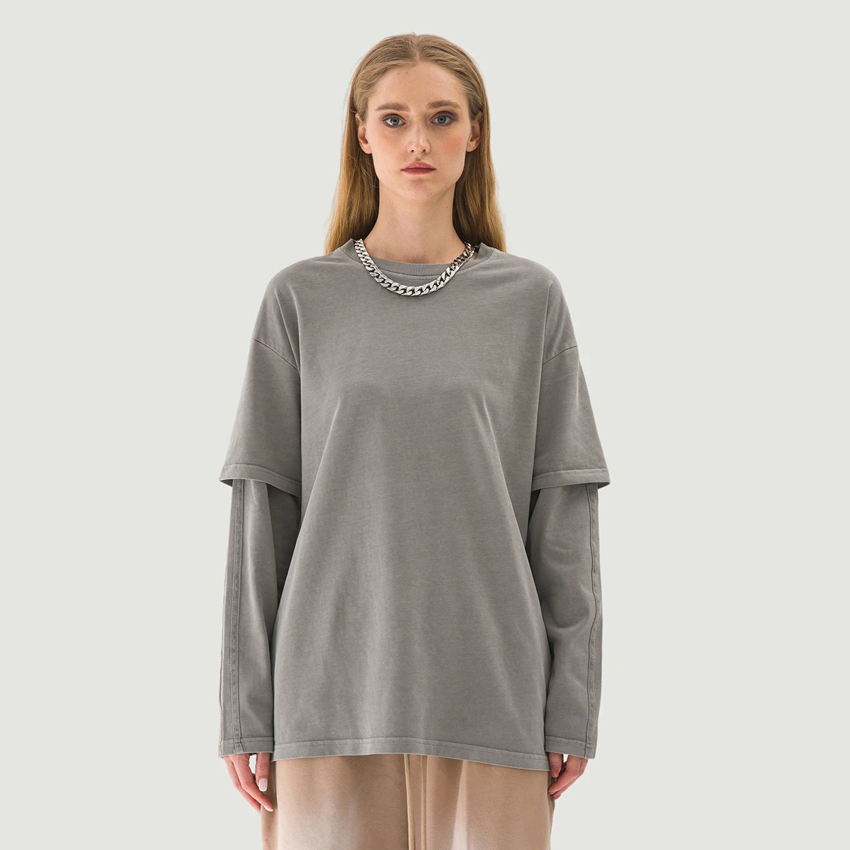 230GSM Unisex Faux-layered Faded Long Sleeve - main image