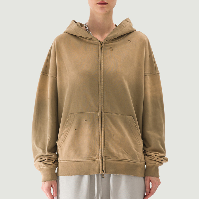 440GSM Unisex Sun Faded Distressed Full-zip Hoodie