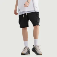 320GSM Unisex Snow Wash Raw Hem Cargo Shorts - thumbnail image 1