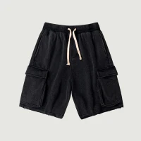 320GSM Unisex Snow Wash Raw Hem Cargo Shorts - thumbnail image 1