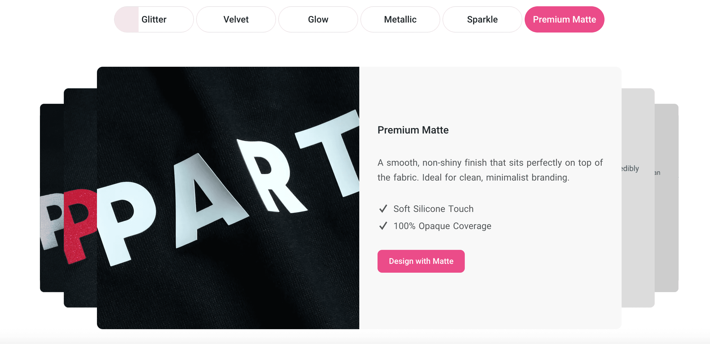 PODpartner Premium HTV product page overview showing the 6 finish options: Glitter, Velvet, Glow, Metallic, Sparkle, and Premium Matte, with Premium Matte selected showing the smooth silicone touch finish