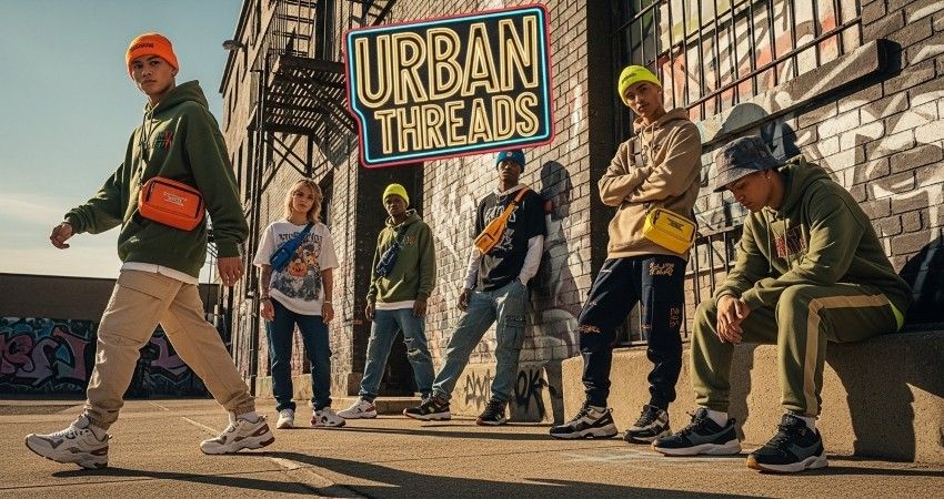 Group of people wearing oversized streetwear hoodies and tees on a city street